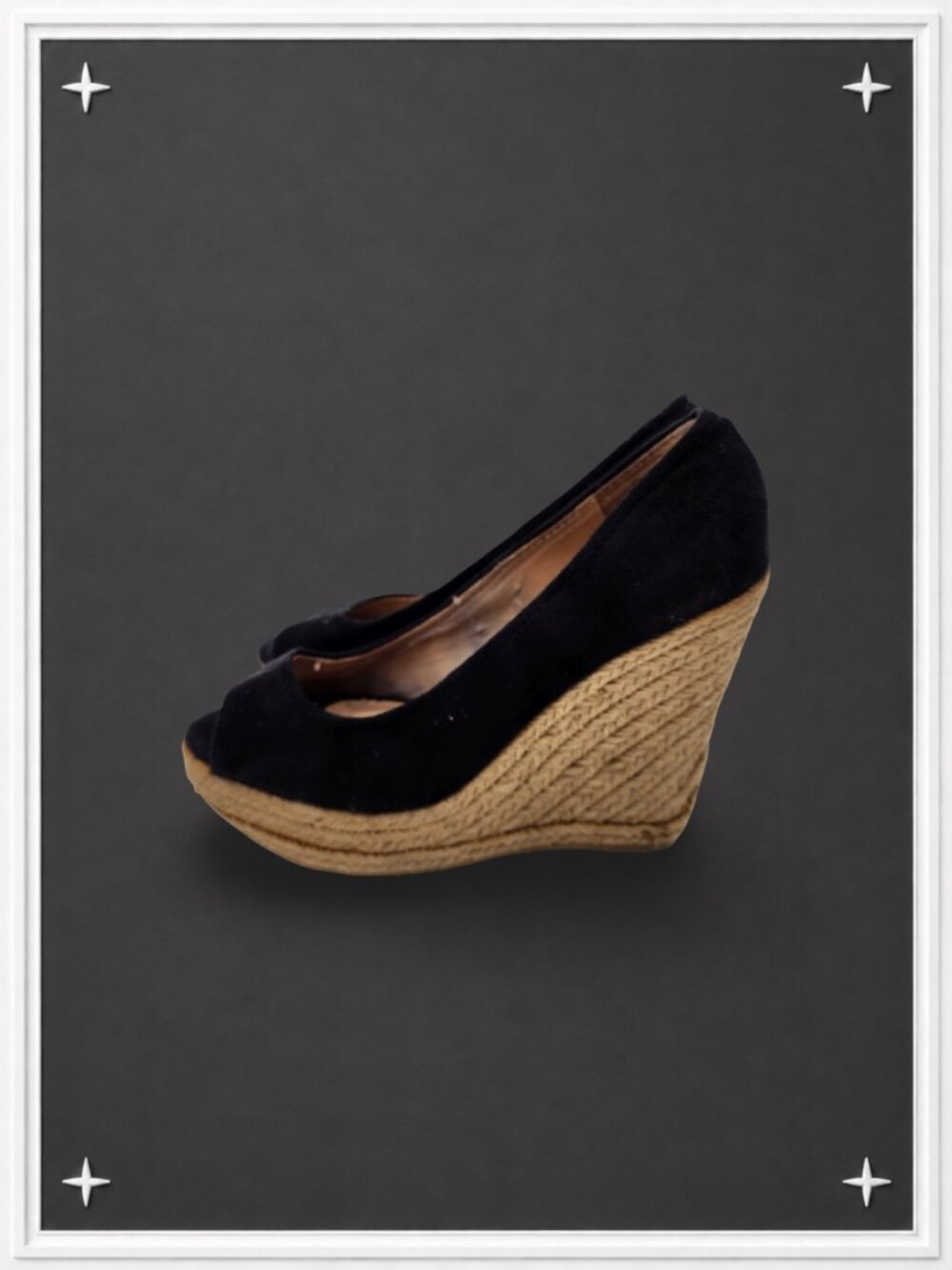 Y2K! Black Suede Peep-Toe Espadrille Wedge by Soda | Women's 6.5
